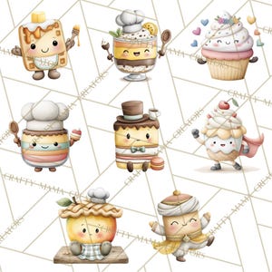 May include: Watercolor illustrations of adorable dessert characters, including a waffle with butter, a parfait, a cupcake with hearts, a cake with a hat, a cake with a top hat, a cupcake superhero, a pie, and a dessert in a turban. The background has a geometric pattern.