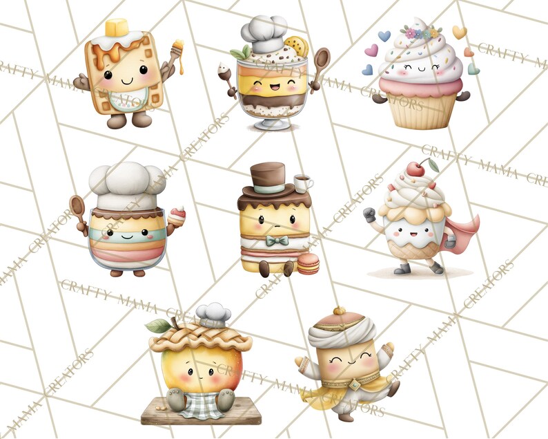 May include: Watercolor illustrations of adorable dessert characters, including a waffle with butter, a parfait, a cupcake with hearts, a cake with a hat, a cake with a top hat, a cupcake superhero, a pie, and a dessert in a turban. The background has a geometric pattern.
