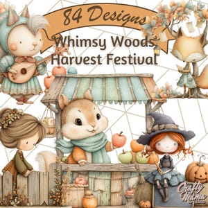Puede incluir: Ilustración en acuarela con criaturas del bosque caprichosas en un festival de la cosecha. Se representan una ardilla, un zorro y otros personajes cerca de un puesto de mercado con calabazas y manzanas. El texto dice "84 Designs Whimsy Woods Harvest Festival."