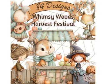 84 Png, Whimsy Woods Harvest Festival Clipart, Cute Woodland Creatures, Autumn Fair Characters, Rustic Fall Digital Art for Crafts