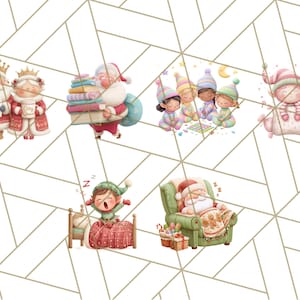 May include: A collection of whimsical Christmas-themed illustrations. Santa and Mrs. Claus are depicted with the text "Cozy King" and "Cozy Queen". Other images include Santa carrying books, children in pajamas, and an elf waking up in bed.