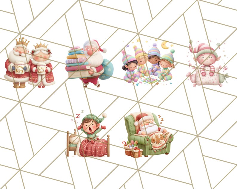 May include: A collection of whimsical Christmas-themed illustrations. Santa and Mrs. Claus are depicted with the text "Cozy King" and "Cozy Queen". Other images include Santa carrying books, children in pajamas, and an elf waking up in bed.
