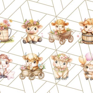 May include: A set of eight digital illustrations featuring cute cartoon cows in various poses. The cows are brown and white with pink accents. Some cows are wearing flower crowns and holding balloons. The illustrations are perfect for use in digital scrapbooking, card making, and other creative projects.