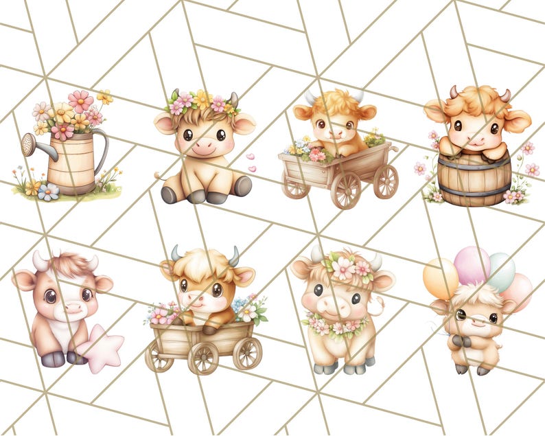 May include: A set of eight digital illustrations featuring cute cartoon cows in various poses. The cows are brown and white with pink accents. Some cows are wearing flower crowns and holding balloons. The illustrations are perfect for use in digital scrapbooking, card making, and other creative projects.