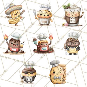 May include: Watercolor illustrations of various baked goods and beverages dressed as chefs. The characters include a churro wearing a sombrero, a muffin with a whisk, a coffee drink with glasses, a chocolate dessert with a torch, and a cookie with a chef's hat.