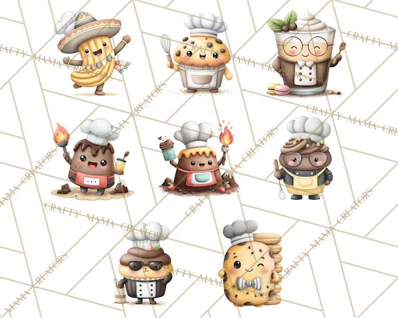 May include: Watercolor illustrations of various baked goods and beverages dressed as chefs. The characters include a churro wearing a sombrero, a muffin with a whisk, a coffee drink with glasses, a chocolate dessert with a torch, and a cookie with a chef's hat.