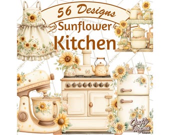 56 Png, Farmhouse Sunflower Kitchen Clipart, Home Appliances Clip Art PNG, Rustic Baking Cookware Utensils, Country Kitchen Printable