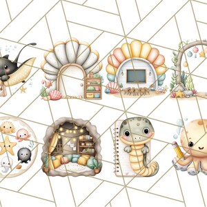 K&ouml;nnte beinhalten: Aquarellillustrationen von skurrilen Meeresbewohnern und Unterwasserszenen. Enth&auml;lt einen Stechrochen auf einem Mond, Muschelh&auml;user, einen Torbogen mit h&auml;ngenden Sternen und einen Oktopus mit Bleistift. Die Kunstwerke haben eine weiche, pastellfarbene Farbpalette.