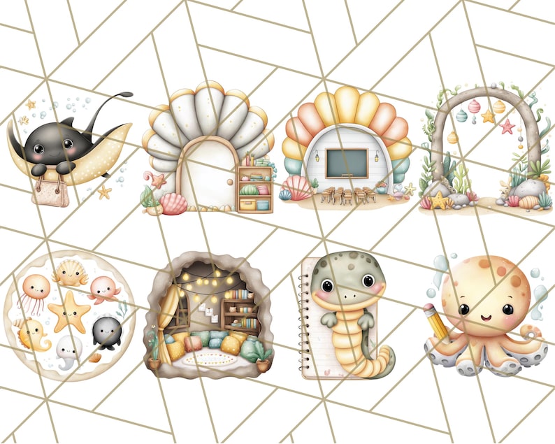 K&ouml;nnte beinhalten: Aquarellillustrationen von skurrilen Meeresbewohnern und Unterwasserszenen. Enth&auml;lt einen Stechrochen auf einem Mond, Muschelh&auml;user, einen Torbogen mit h&auml;ngenden Sternen und einen Oktopus mit Bleistift. Die Kunstwerke haben eine weiche, pastellfarbene Farbpalette.
