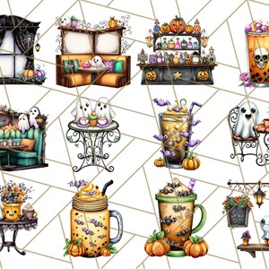May include: A collection of Halloween-themed illustrations featuring ghosts, pumpkins, and beverages. The images include a window with spiderwebs, a booth, a bar, and various drinks with spooky decorations. The color palette includes orange, purple, and black.