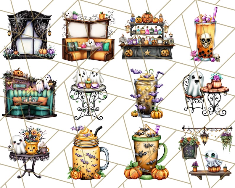 May include: A collection of Halloween-themed illustrations featuring ghosts, pumpkins, and beverages. The images include a window with spiderwebs, a booth, a bar, and various drinks with spooky decorations. The color palette includes orange, purple, and black.