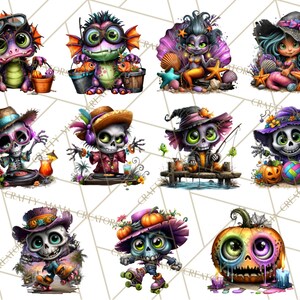 May include: A collection of whimsical digital illustrations featuring various Halloween and fantasy characters. The images include a mermaid, a witch, a skeleton DJ, a skeleton roller skater, and a pumpkin with candles. Each character is brightly colored and detailed.