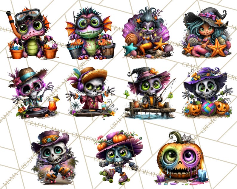 May include: A collection of whimsical digital illustrations featuring various Halloween and fantasy characters. The images include a mermaid, a witch, a skeleton DJ, a skeleton roller skater, and a pumpkin with candles. Each character is brightly colored and detailed.