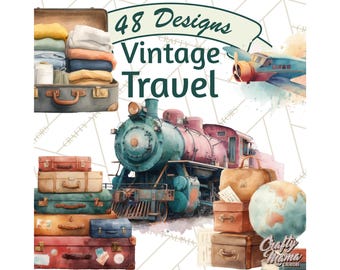 48 Png Vintage Travel Clipart, Watercolor Suitcase Clipart PNG, Travel Ephemera Clip Art, Passport Map Clipart, Retro Vacation Printable