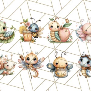 Puede incluir: Ilustraciones en acuarela de adorables insectos de dibujos animados, incluyendo una oruga, una abeja, una mariposa y un caracol. Cada insecto est&aacute; representado con grandes ojos y detalles encantadores, sobre un fondo geom&eacute;trico.