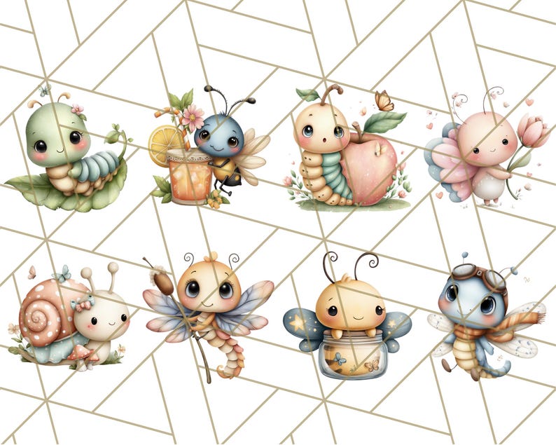 Puede incluir: Ilustraciones en acuarela de adorables insectos de dibujos animados, incluyendo una oruga, una abeja, una mariposa y un caracol. Cada insecto est&aacute; representado con grandes ojos y detalles encantadores, sobre un fondo geom&eacute;trico.