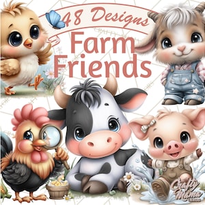 Puede incluir: Ilustración digital con adorables animales de granja: un pollito, una cabra, una vaca, un gallo y un cerdo. La imagen incluye el texto "48 Designs Farm Friends" y el logotipo "Crafty Mama". Los animales tienen ojos grandes y expresiones lindas.