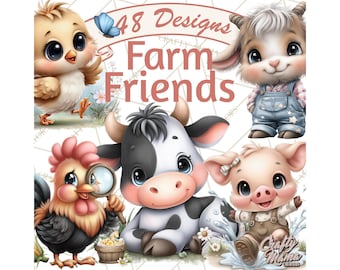 48 Png, Farm Animals Clipart PNG, Cute Cow Pig Sheep Chicken Horse Goat Duck Donkey Turkey Cat Dog, Printable Images for Crafts