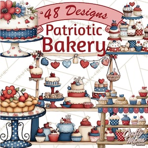 Puede incluir: Ilustración digital de productos de panadería patrióticos, incluyendo pasteles y cupcakes, decorados en rojo, blanco y azul. El texto "48 Designs Patriotic Bakery" se muestra en la parte superior de la imagen.