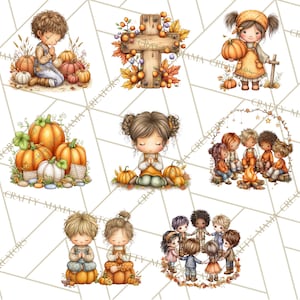 May include: A collection of watercolor illustrations featuring children, pumpkins, and fall foliage. The images include children praying, a cross, and children gathered around a campfire. The color palette includes orange, brown, and green.