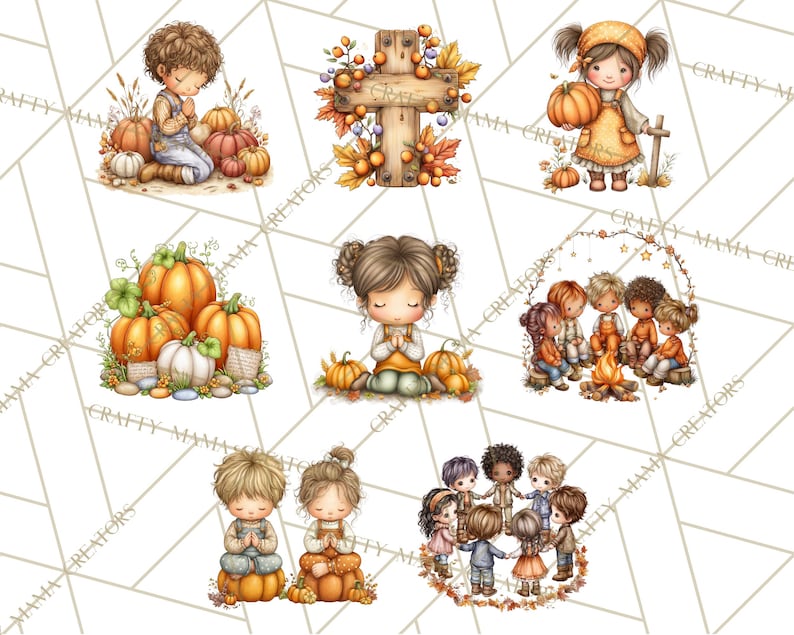 May include: A collection of watercolor illustrations featuring children, pumpkins, and fall foliage. The images include children praying, a cross, and children gathered around a campfire. The color palette includes orange, brown, and green.