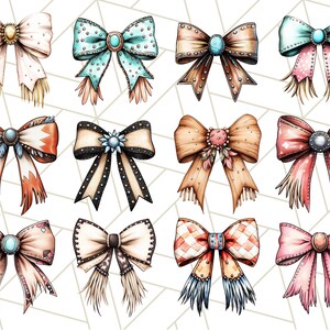 May include: Twelve different bow designs with various colors and patterns. Each bow has a unique embellishment in the center, such as a jewel, a flower, or a geometric shape. The bows are drawn in a cartoon style with a whimsical and decorative aesthetic.