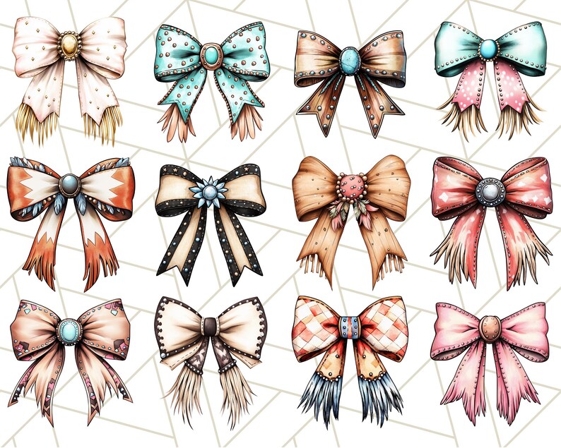 May include: Twelve different bow designs with various colors and patterns. Each bow has a unique embellishment in the center, such as a jewel, a flower, or a geometric shape. The bows are drawn in a cartoon style with a whimsical and decorative aesthetic.