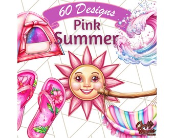 60 Png, Pink Summer Icons Clipart, Aesthetic Beach, Vacation Elements, Tropical Drinks Digital Download