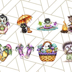 May include: A collection of whimsical Halloween-themed illustrations. The images include a vampire with a life preserver, a black cat under an umbrella, a zombie in a pool float, a werewolf by a campfire, and a basket of treats.