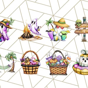 May include: A collection of Halloween-themed illustrations featuring ghosts, bonfires, tropical drinks, and baskets filled with candy and pumpkins. A wooden sign reads "Graveyard Tiki Shack". The images are set against a geometric background.