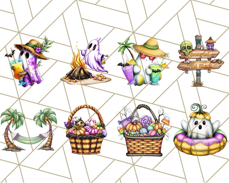 May include: A collection of Halloween-themed illustrations featuring ghosts, bonfires, tropical drinks, and baskets filled with candy and pumpkins. A wooden sign reads "Graveyard Tiki Shack". The images are set against a geometric background.