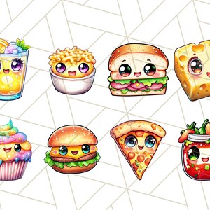 Puede incluir: Un conjunto de ocho ilustraciones de comida de dibujos animados con caras lindas. Las ilustraciones incluyen un vaso de limonada, un taz&oacute;n de macarrones con queso, un s&aacute;ndwich, una rebanada de queso, un cupcake, una hamburguesa, una rebanada de pizza y un tarro de mermelada.