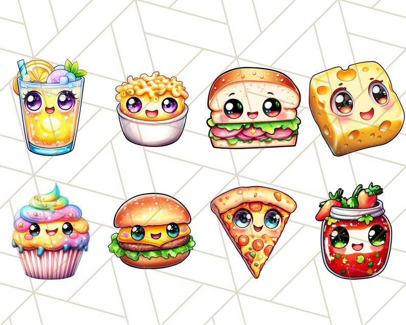 Puede incluir: Un conjunto de ocho ilustraciones de comida de dibujos animados con caras lindas. Las ilustraciones incluyen un vaso de limonada, un taz&oacute;n de macarrones con queso, un s&aacute;ndwich, una rebanada de queso, un cupcake, una hamburguesa, una rebanada de pizza y un tarro de mermelada.