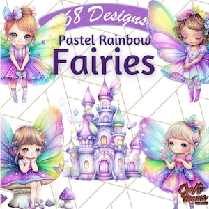 Clipart de hada arcoíris pastel para niñas, clip art de hada brillante con alas, castillos, casas, mariposas, pájaros y lazos PNG clipart femenino