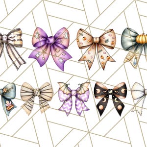 May include: A collection of nine decorative bows with Halloween and autumn themes. The bows feature various designs, including ghosts, pumpkins, bats, and moons, in colors like purple, orange, black, and white. The bows are arranged on a geometric background.