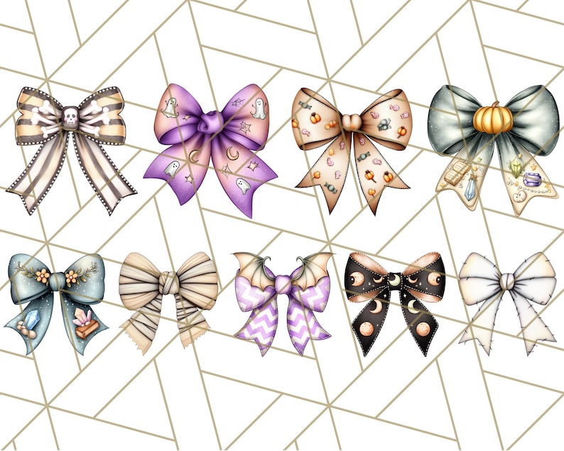 May include: A collection of nine decorative bows with Halloween and autumn themes. The bows feature various designs, including ghosts, pumpkins, bats, and moons, in colors like purple, orange, black, and white. The bows are arranged on a geometric background.