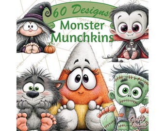 May include: A digital illustration titled 60 Designs Monster Munchkins featuring five cartoon characters: a witch with a pumpkin, a vampire, a fuzzy grey creature, a candy corn character, and a green stitched monster with large eyes.