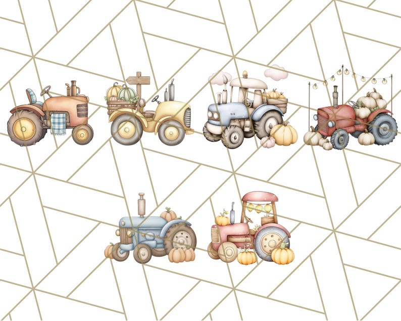 Fall Tractor Clipart PNG, Vintage Tractors With Pumpkins and Flowers ...
