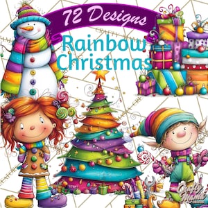 以下が含まれることがあります： 雪だるま、女の子、エルフ、クリスマスツリー、プレゼントが描かれたカラフルなデジタルイラスト。テキスト「72 Designs Rainbow Christmas」が表示されています。画像は、気まぐれで漫画的なスタイルです。