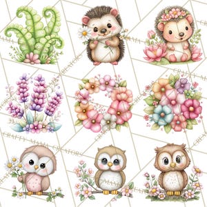 May include: A collection of watercolour illustrations featuring adorable animals and floral designs. The image includes a hedgehog with a daisy, an owl on a branch, and various flower arrangements. The colour scheme uses soft pastels and earthy tones.