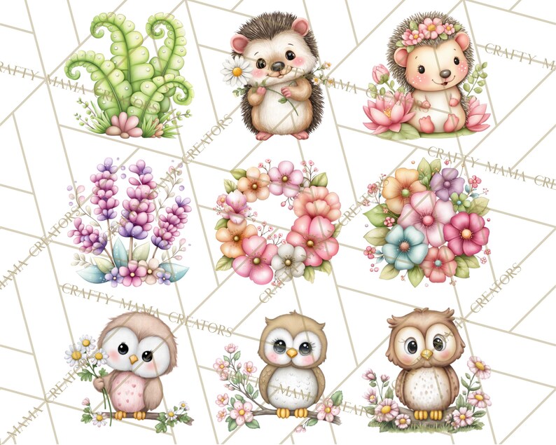 May include: A collection of watercolour illustrations featuring adorable animals and floral designs. The image includes a hedgehog with a daisy, an owl on a branch, and various flower arrangements. The colour scheme uses soft pastels and earthy tones.