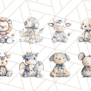 May include: Set of eight adorable animal illustrations with a blue and white floral pattern. The animals include a lion, jellyfish, cow, dog, deer, dragon, dog, and mouse.