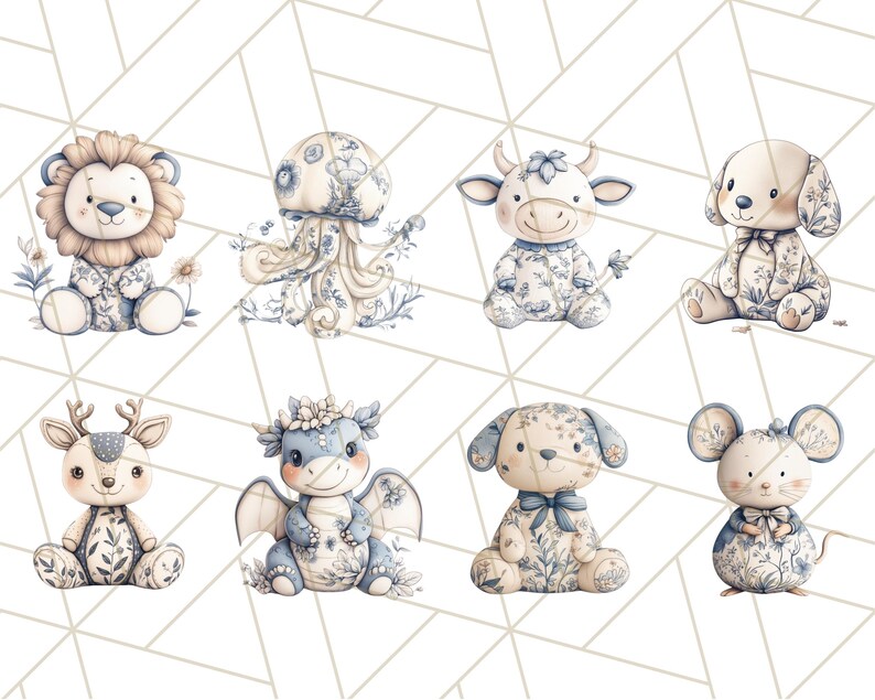 May include: Set of eight adorable animal illustrations with a blue and white floral pattern. The animals include a lion, jellyfish, cow, dog, deer, dragon, dog, and mouse.