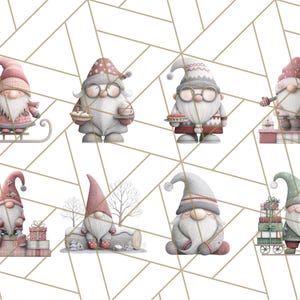 May include: A collection of watercolor illustrations featuring whimsical gnomes. Each gnome is depicted in various poses, some holding gifts, treats, or riding a sled. The gnomes wear pointed hats and are set against a geometric background.