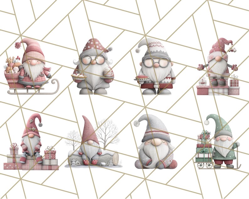 May include: A collection of watercolor illustrations featuring whimsical gnomes. Each gnome is depicted in various poses, some holding gifts, treats, or riding a sled. The gnomes wear pointed hats and are set against a geometric background.