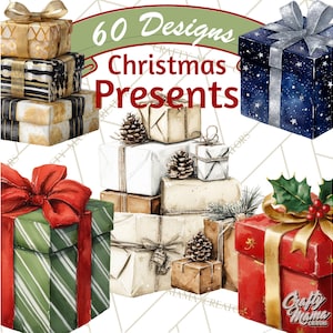 May include: A watercolour illustration of Christmas presents in various sizes and shapes. The gifts are wrapped in festive paper with ribbons and bows. Some presents are decorated with pinecones and holly. The image includes the text "60 Designs Christmas Presents".