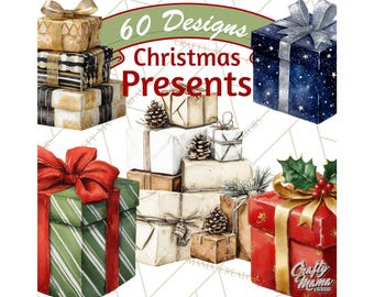 60 Png, Christmas Presents Clipart, Wrapped Gift PNG, Watercolor Christmas Gifts, Holiday Presents, Gift Bag Clip Art, Christmas Gift Png