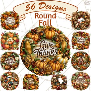 56 Round Fall Wood Sign PNG Clipart, Rustic Fall Door Hanger Clip Art, Autumn Circle Sign Designs, Farmhouse Fall PNG, Porch Decor