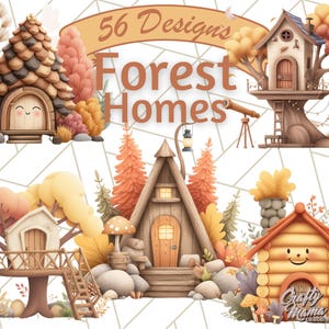 May include: A watercolour illustration of several whimsical forest homes in shades of brown, orange, and yellow. The image includes a treehouse, a mushroom-shaped house, and a cabin. Text reads "56 Designs Forest Homes."