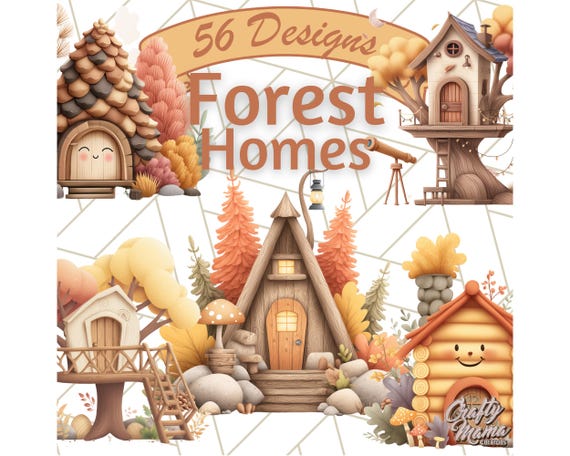 Autumn Treehouse Clipart, Fall Woodland Cabins PNG, Cozy Tree Houses, Acorn Cabins, Pumpkin Houses, Forest Cottage Clip Art, PNG